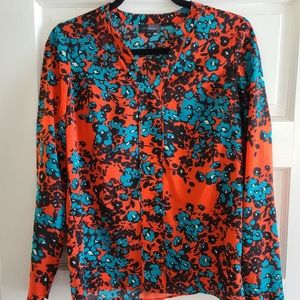 Vibrant Red & Turquoise Floral Blouse Size XS